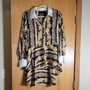 Hi-Low Tunic Satin Gold and Black Patterned Shirt with White Collar